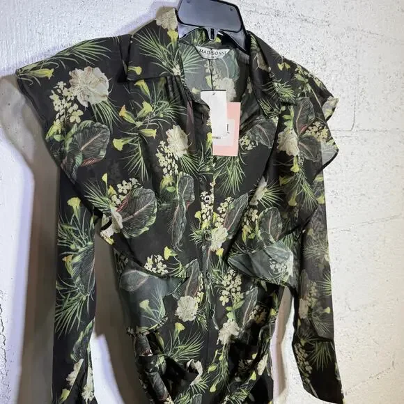 Madisonne Sheer peplum ruffle shirt dress sheer green/black Medium $69 - Picture 5 of 11